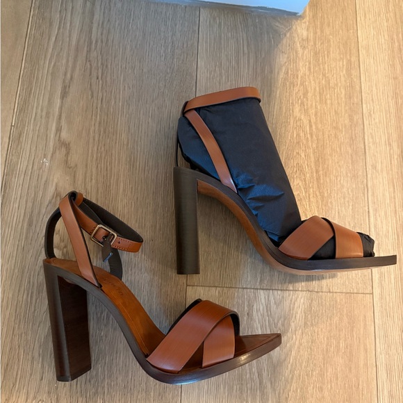 Saint Laurent Brown Leather and Wood Ankle Strap Heels. Size 36. New in Box. - Picture 6 of 8